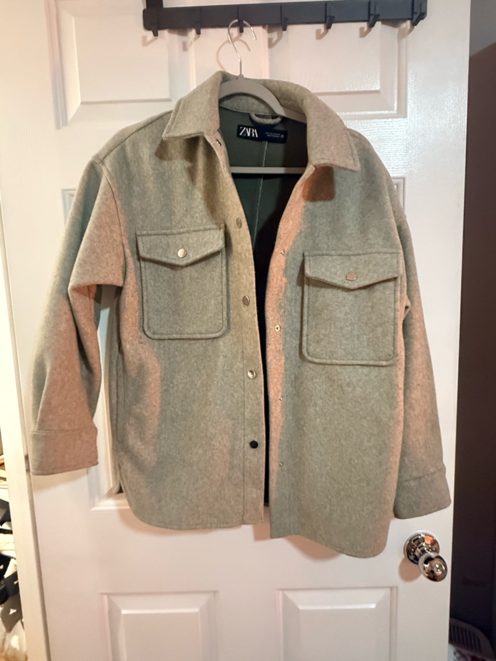 Zara Women’s Light Olive Wool-Blend Shirt Jacket